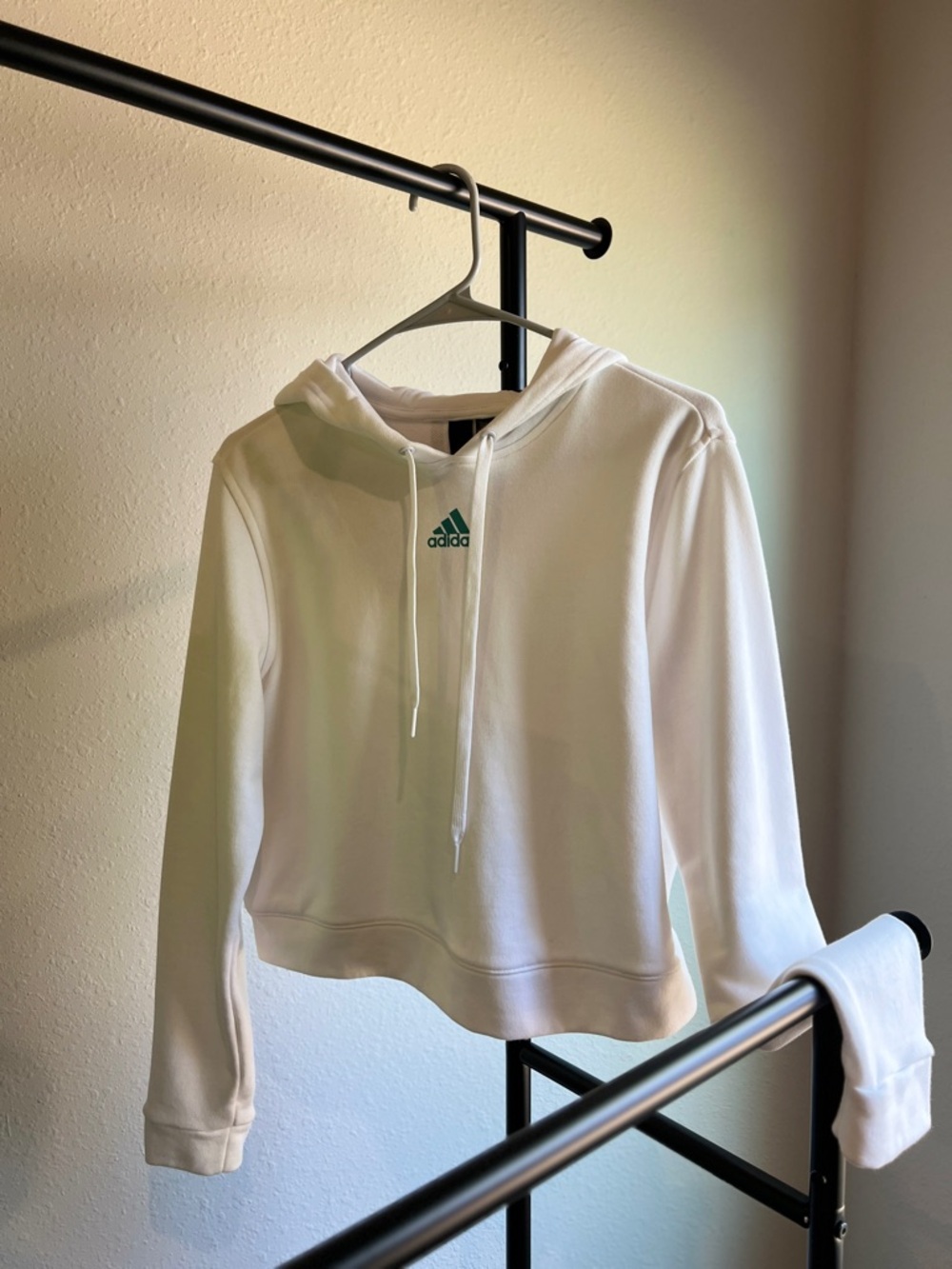 adidas White Cropped Hoodie with Green Trefoil